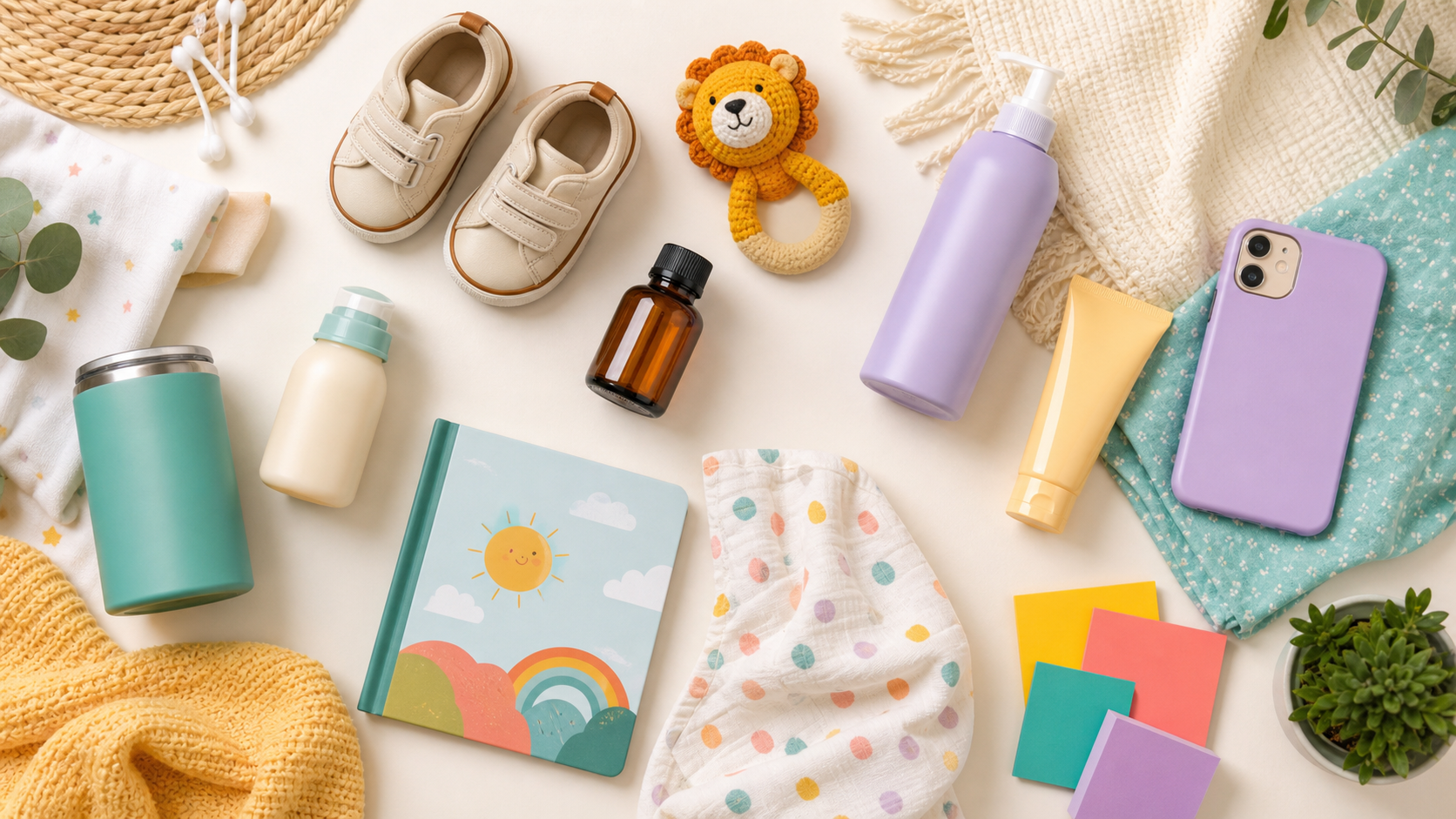 Bright family favorites flat lay with baby shoes, a book, tumbler, skincare, hair care, and soft fabrics.